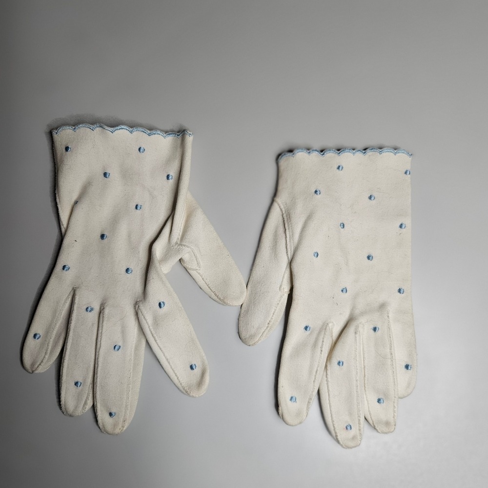 Viola Weinberger Vintage White‎ Cotton Gloves Blue Polka Dot Western Germany 6.5